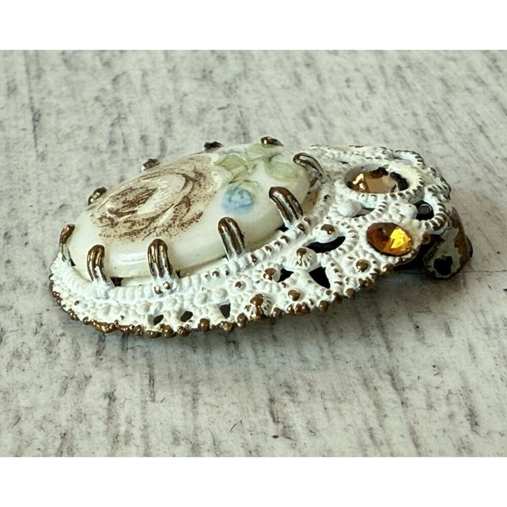 Germany Floral Enamel Hand-Painted Brooch, Clip on Earrings Set Rhinestone Vtg - Picture 13 of 15